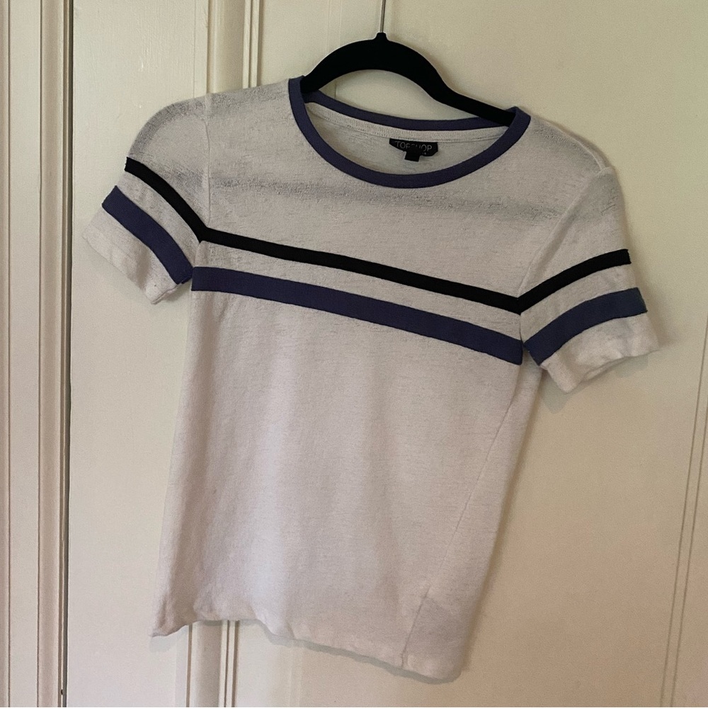 Topshop White Tee Tshirt Blue & Black Stripe Blue Collar White Tshirt Collared - Picture 2 of 8